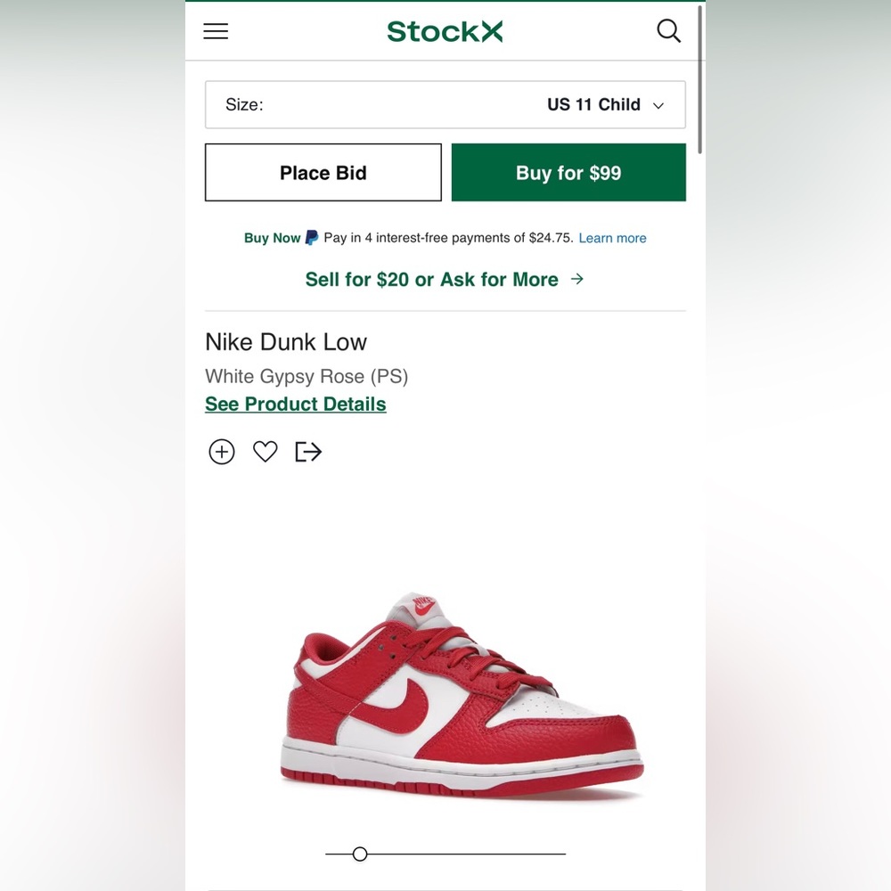 Nike Dunk Low White Gypsy Rose (PS) size 11C